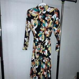 Jennifer Lopez botanical midi shirtdress sz M front button pocket tie sash